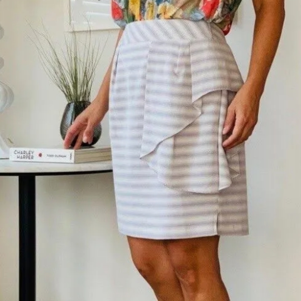 Anthropologie Yoana Baraschi Striped Ruffle Pencil Skirt Size 4 Purple White